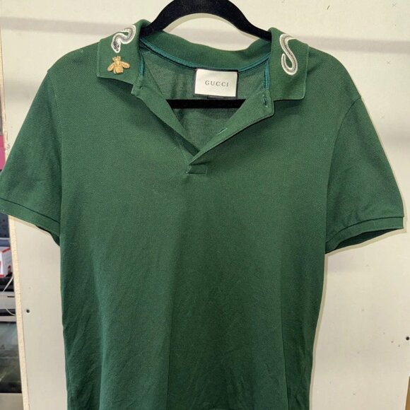 GUCCI Kingsnake Green Polo Shirt Snake Bee Embroidered Collar Large - Picture 1 of 6